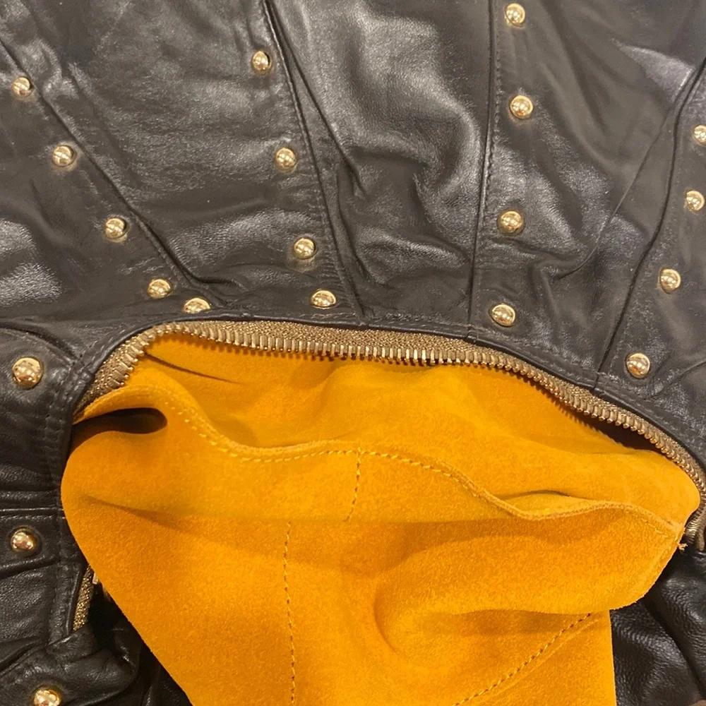GOLDENBLEU black leather purse semi circular bag with gold tone studs all over